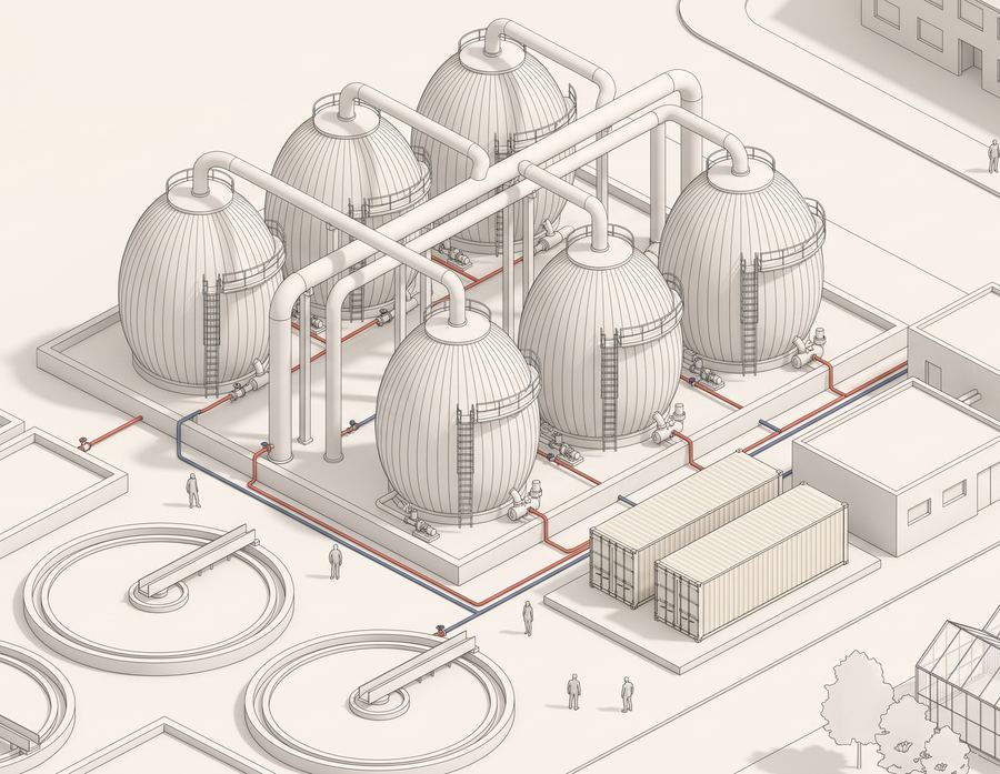 Isometric view of digester tanks with a containerised compute pod alongside